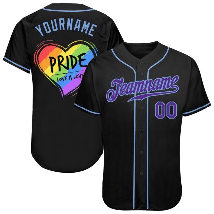 Personalized Rainbow Heart Baseball Jersey for Pride, Love is Love LGBT, Custom Name & Number in Black, Purple, Light Blue