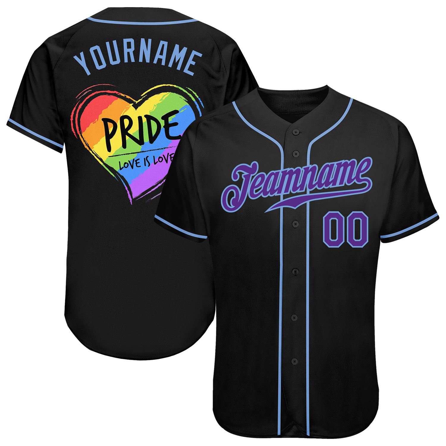 Personalized Rainbow Heart Baseball Jersey for Pride, Love is Love LGBT, Custom Name & Number in Black, Purple, Light Blue