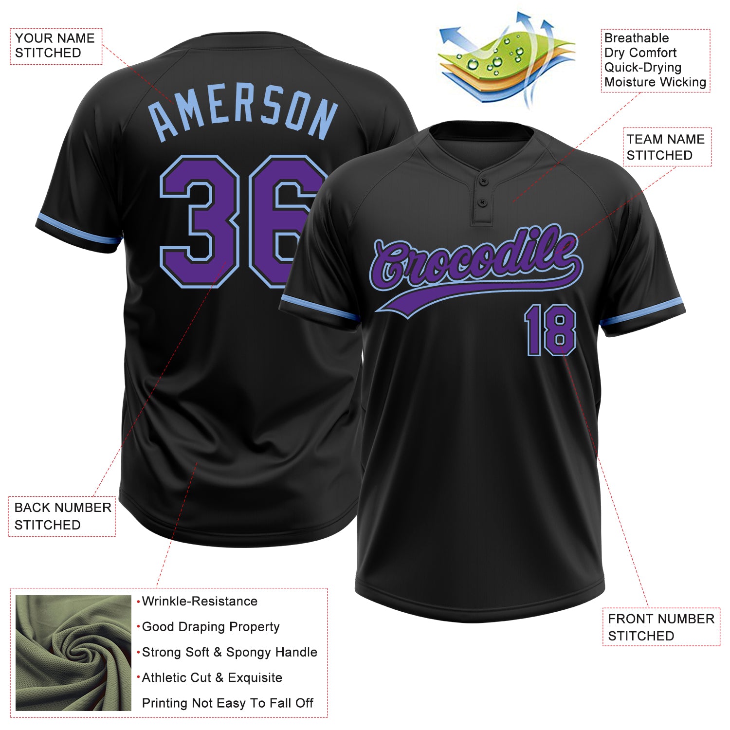 Personalized Black Purple-Light Blue Two-Button Unisex Softball Jersey Custom Unisex Softball Jersey - Black Purple Light Blue Two-Button Design Personalized Black Purple-Light Blue Two-Button - Image 3