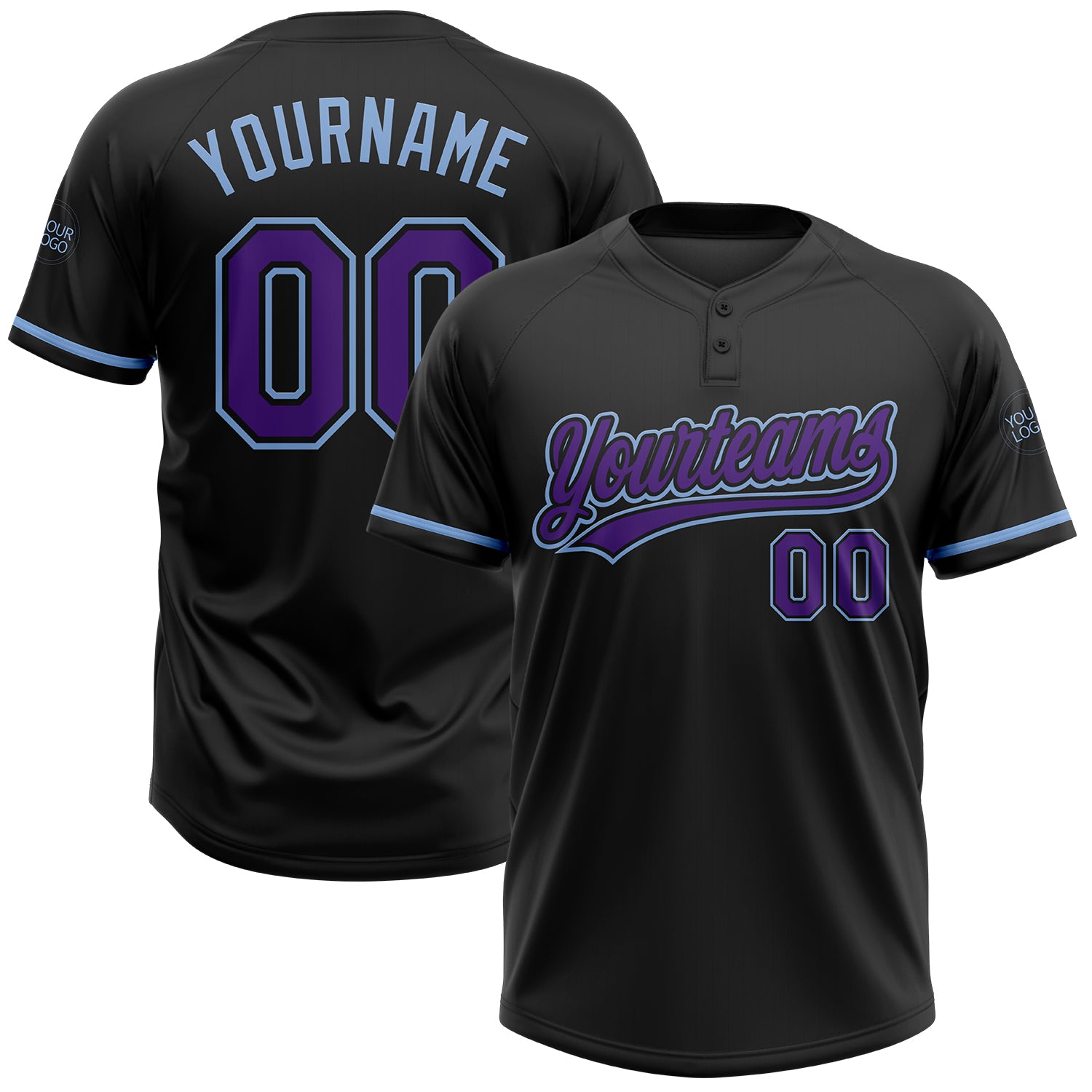 Custom Unisex Softball Jersey - Black Purple Light Blue Two-Button Design Personalized Black Purple-Light Blue Two-Button