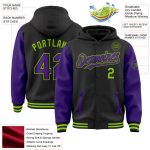 Custom Name Number Two Tone Hoodie Jacket - Black Purple Neon Green Bomber Varsity Letterman Full-Snap for Teams Personalized
