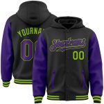 Custom Name Number Two Tone Hoodie Jacket - Black Purple Neon Green Bomber Varsity Letterman Full-Snap for Teams Personalized