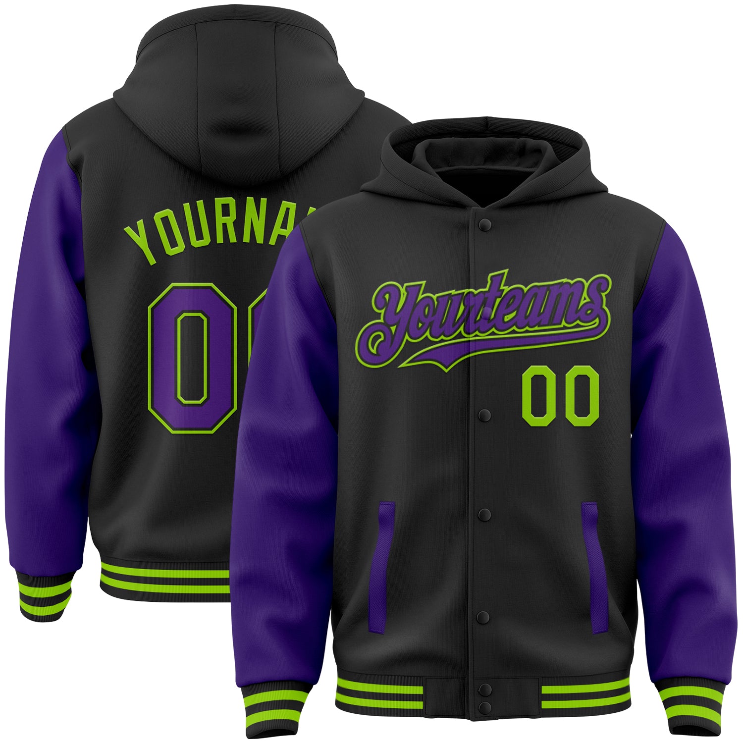 Custom Name Number Two Tone Hoodie Jacket - Black Purple Neon Green Bomber Varsity Letterman Full-Snap for Teams Personalized