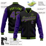 Personalized Two Tone Bomber Varsity Letterman Jacket Black Purple Neon Green Full-Snap Personalized Black Purple-Neon Green