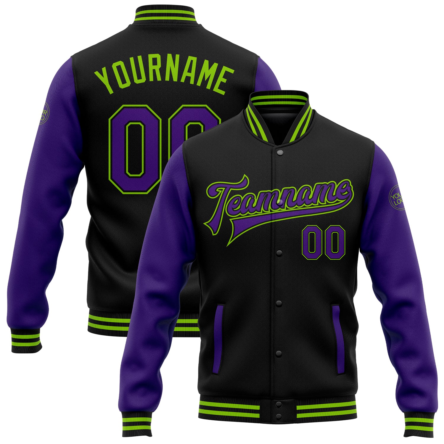 Custom Name Number Two Tone Varsity Letterman Bomber Jacket Black Purple Neon Green Full-Snap Personalized Design Personalized