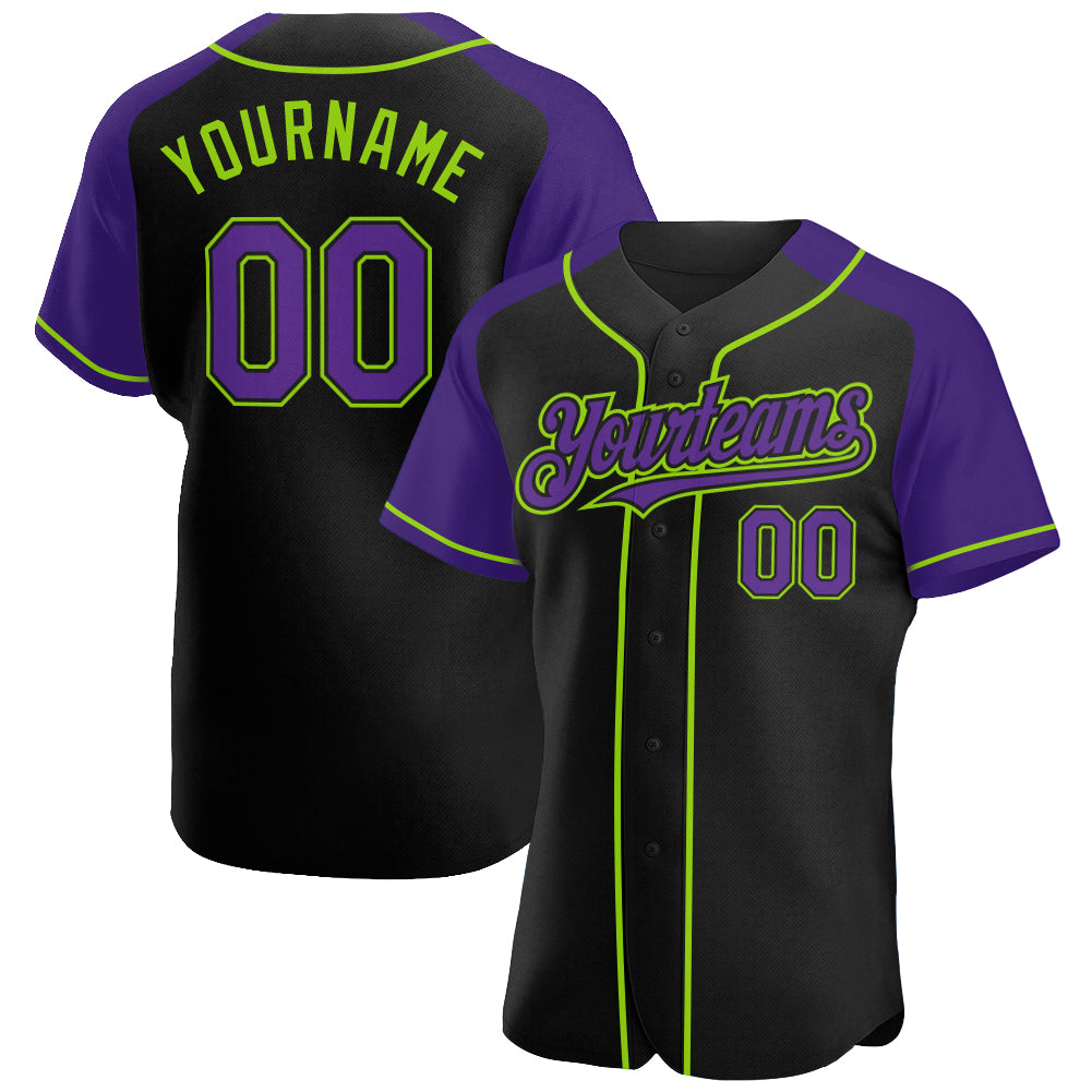Personalized Baseball Jersey Black Purple Neon Green Raglan Sleeves for Men and Women Personalized Black Purple-Neon Green