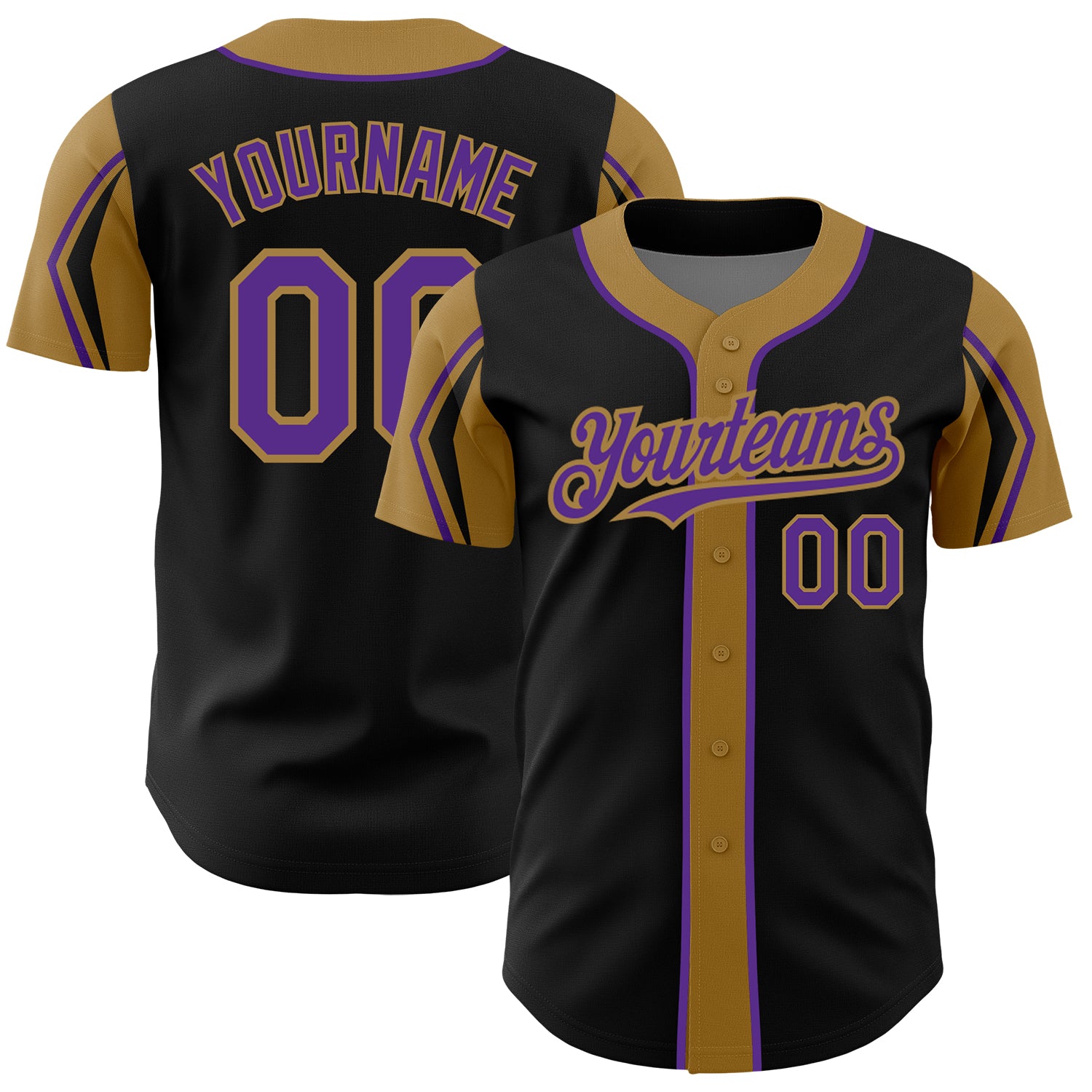 Personalized Black Purple Gold Baseball Jersey with Arm Shapes in 3 Colors Personalized Black Purple-Old Gold 3 Colors Arm