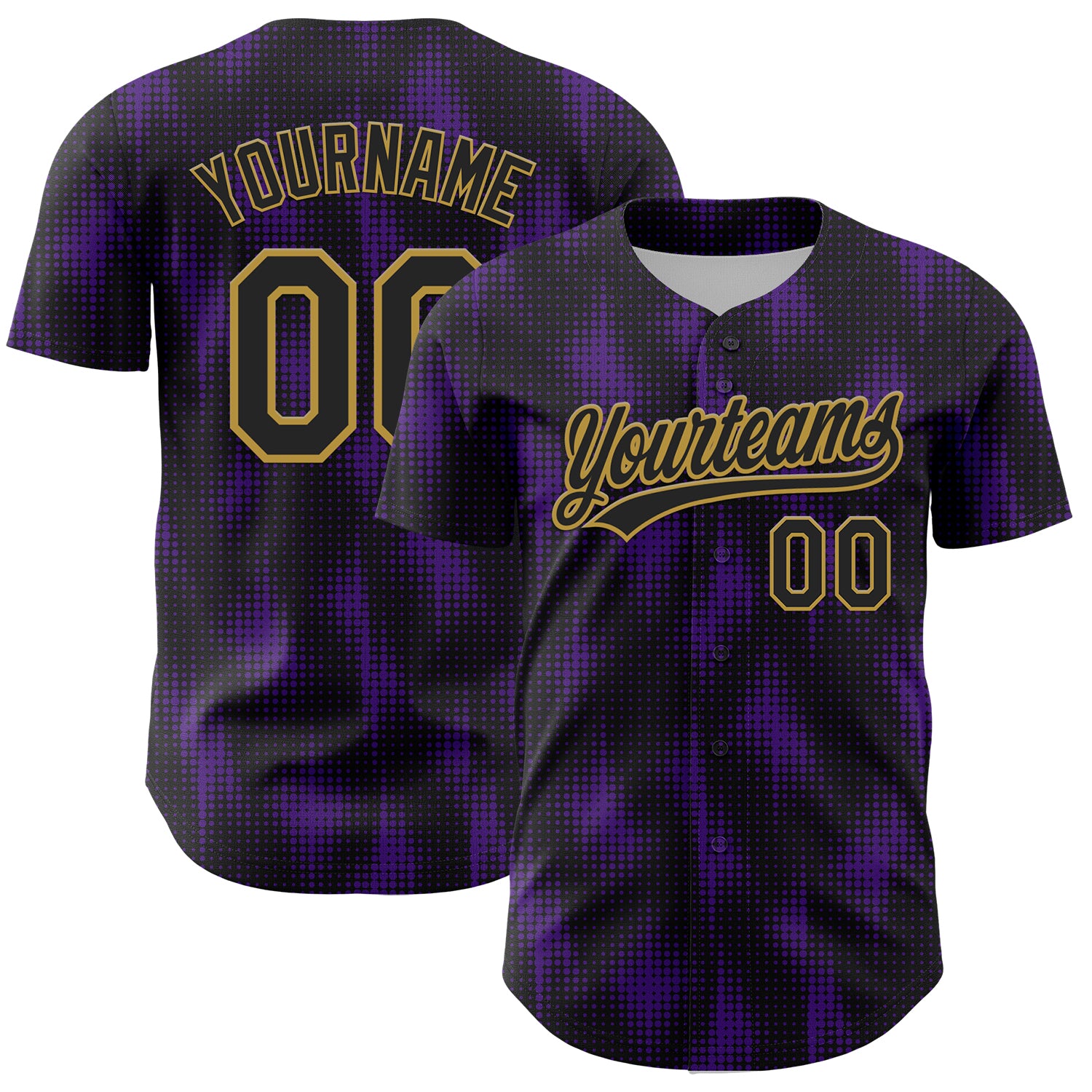 Personalized 3D Halftone Dots Baseball Jersey in Black, Purple, and Old Gold Personalized Black Purple-Old Gold 3D Halftone