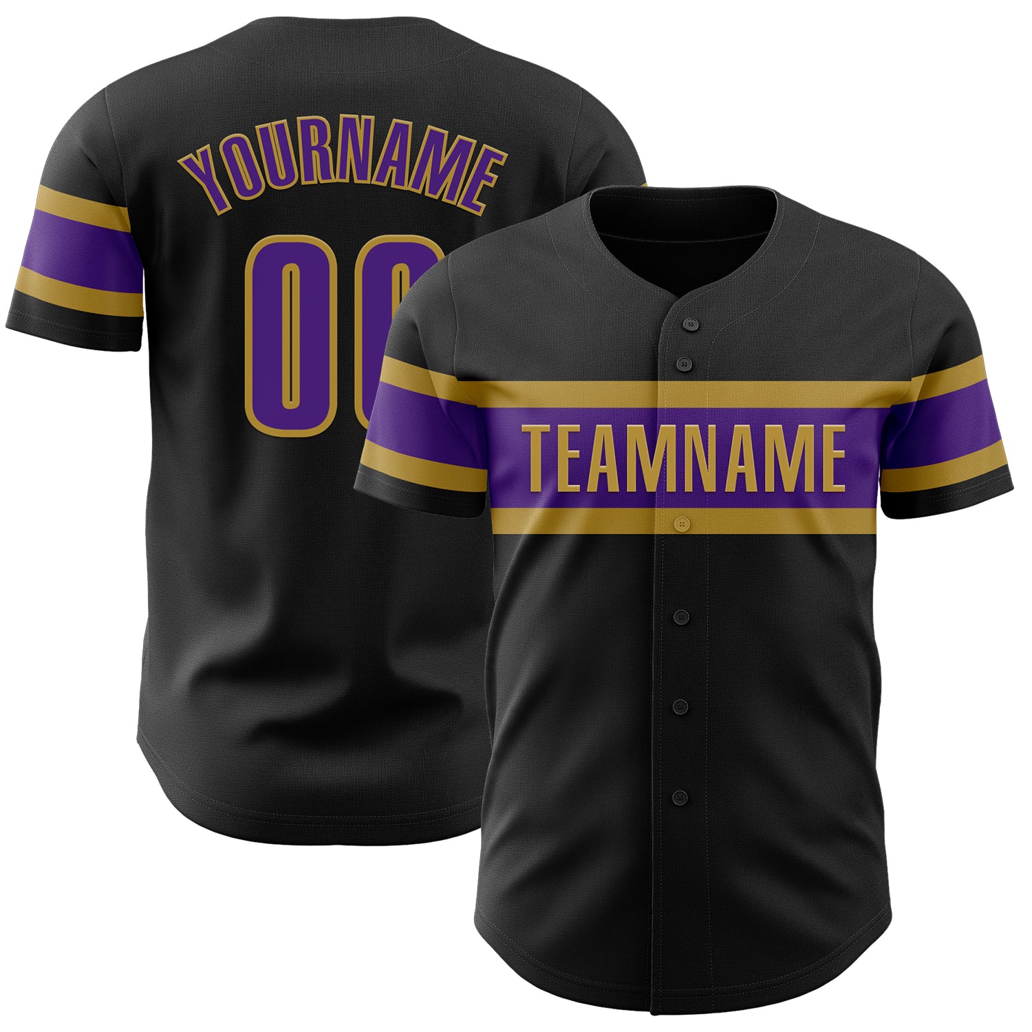 Personalized Custom Black Purple Old Gold Authentic Baseball Jersey with Team Name and Number Personalized Black Purple-Old