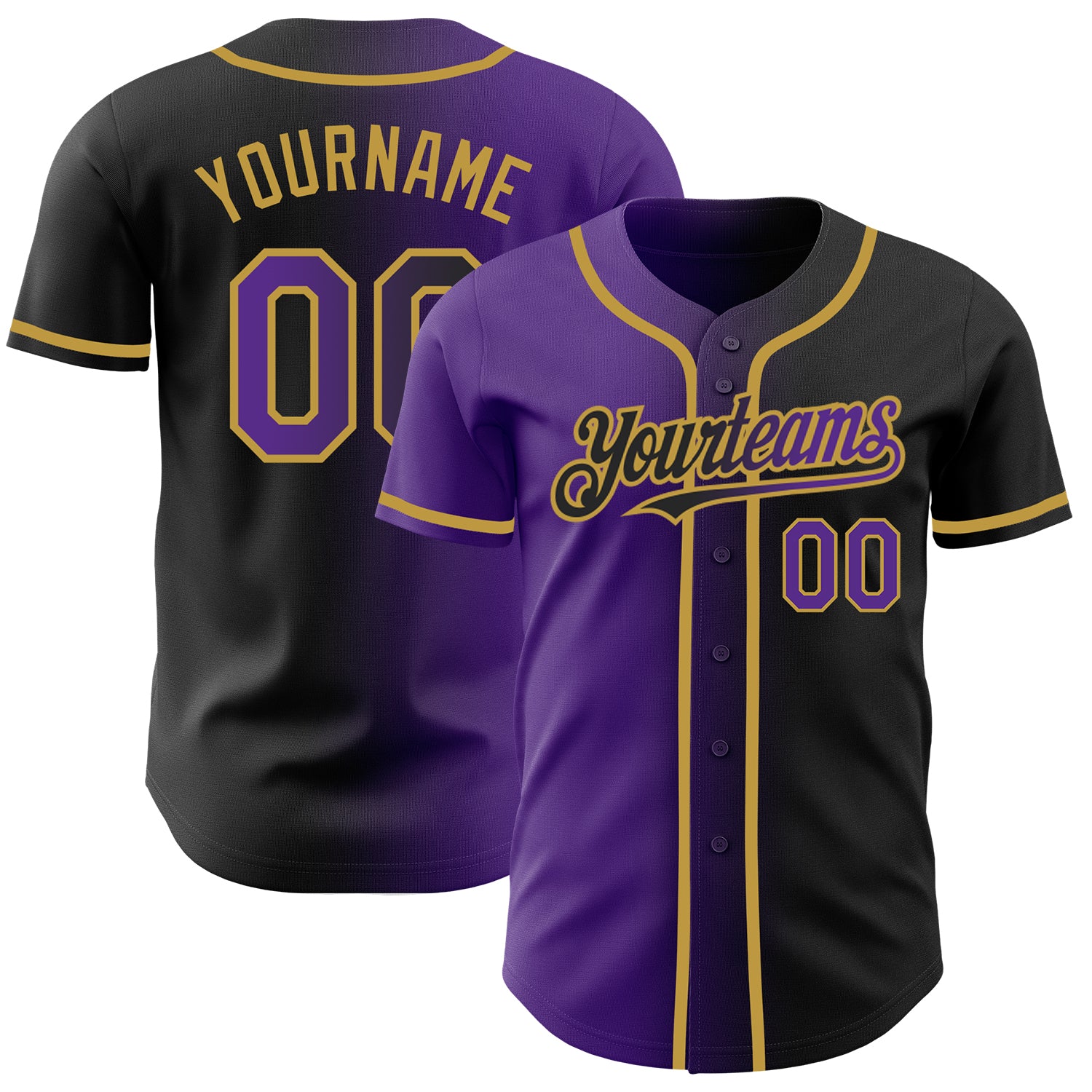 Personalized Gradient Baseball Jersey with Custom Name & Number - Black & Purple Old Gold Design Personalized Black Purple-Old