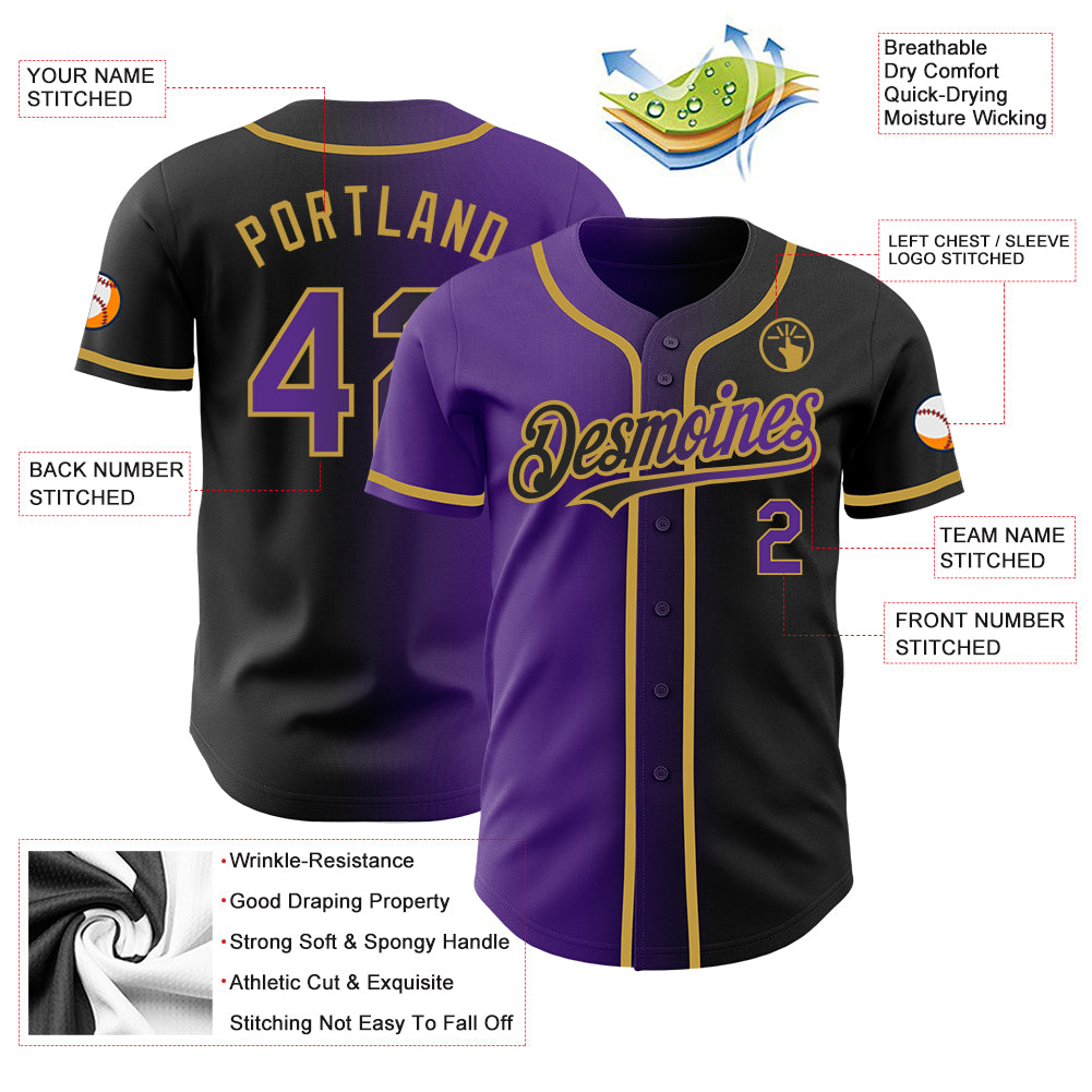 Personalized Black Purple-Old Gold Authentic Gradient Fashion Baseball Jersey Team Custom Name and Number Personalized Gradient Baseball Jersey with Custom Name & Number - Black & Purple Old Gold Design Personalized Black Purple-Old - Image 3