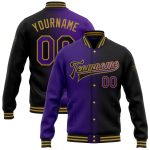 Personalized Gradient Bomber Jacket Black Purple Gold Full-Snap Varsity Letterman Personalized Black Purple-Old Gold Bomber