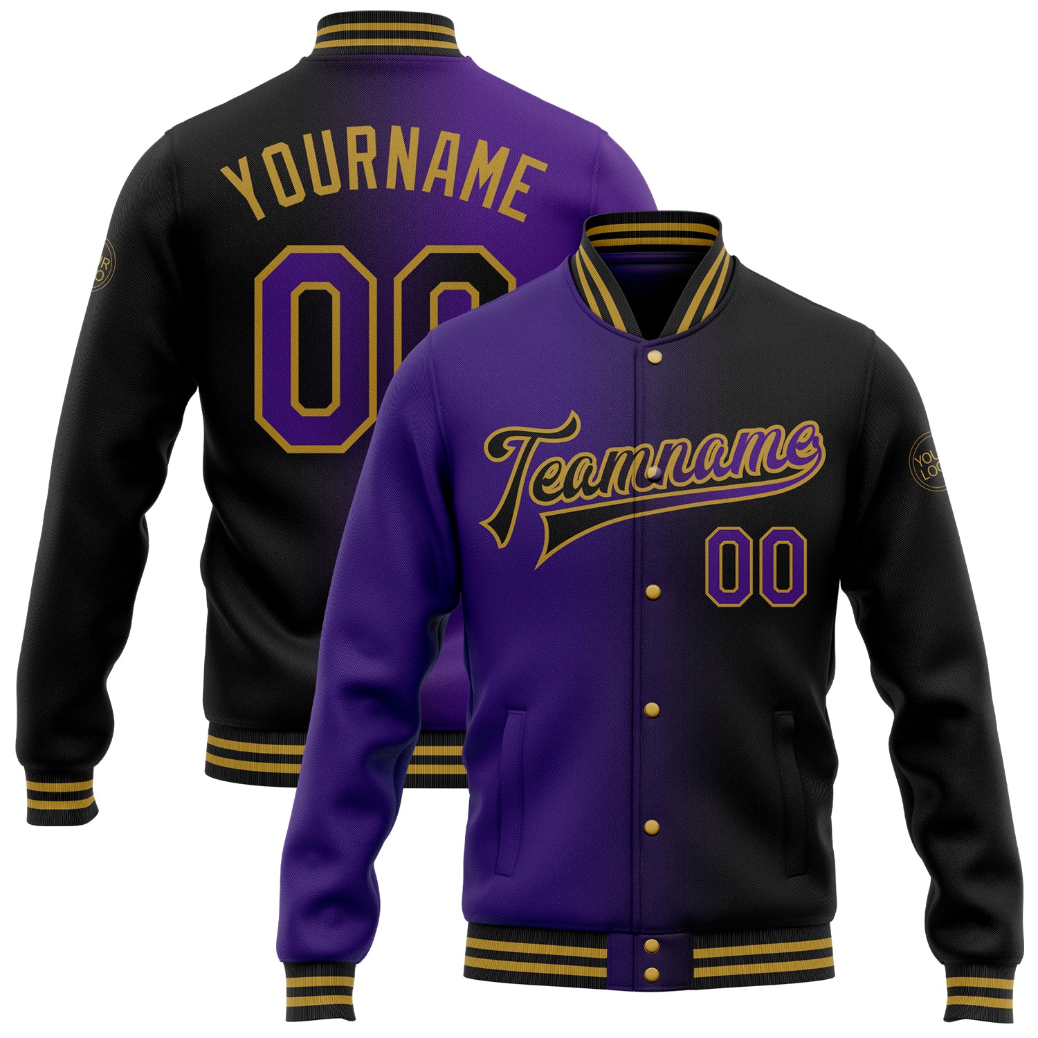 Custom Name Number Gradient Bomber Jacket - Black Purple Old Gold Varsity Letterman Full-Snap Fashion Jacket Personalized