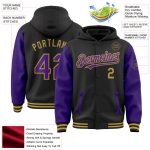 Customizable Two-Tone Bomber Hoodie Jacket with Personalized Name and Number - Black Purple Old Gold Varsity Letterman Personalized
