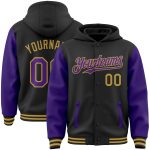 Customizable Two-Tone Bomber Hoodie Jacket with Personalized Name and Number - Black Purple Old Gold Varsity Letterman Personalized