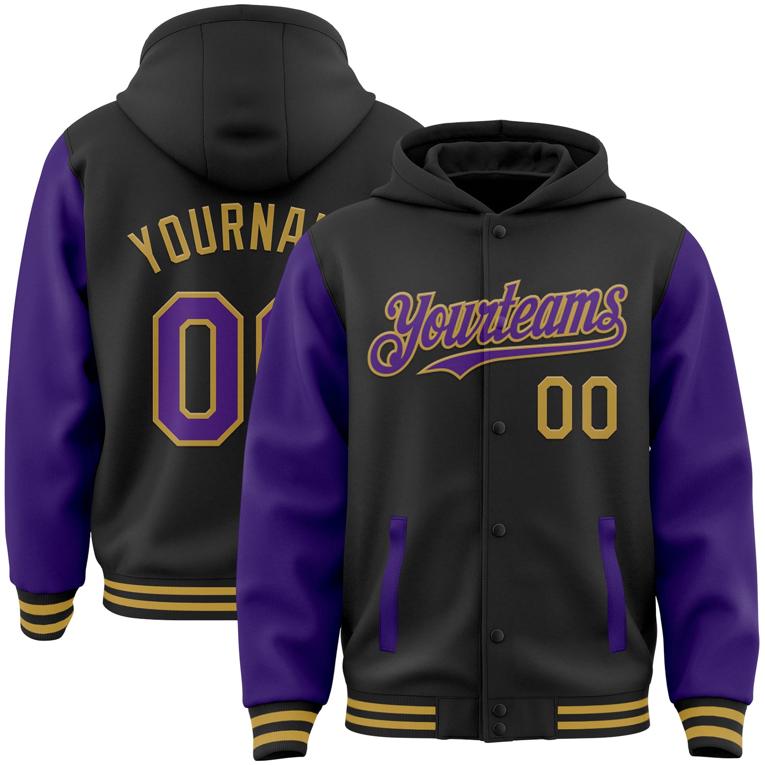 Customizable Two-Tone Bomber Hoodie Jacket with Personalized Name and Number - Black Purple Old Gold Varsity Letterman Personalized