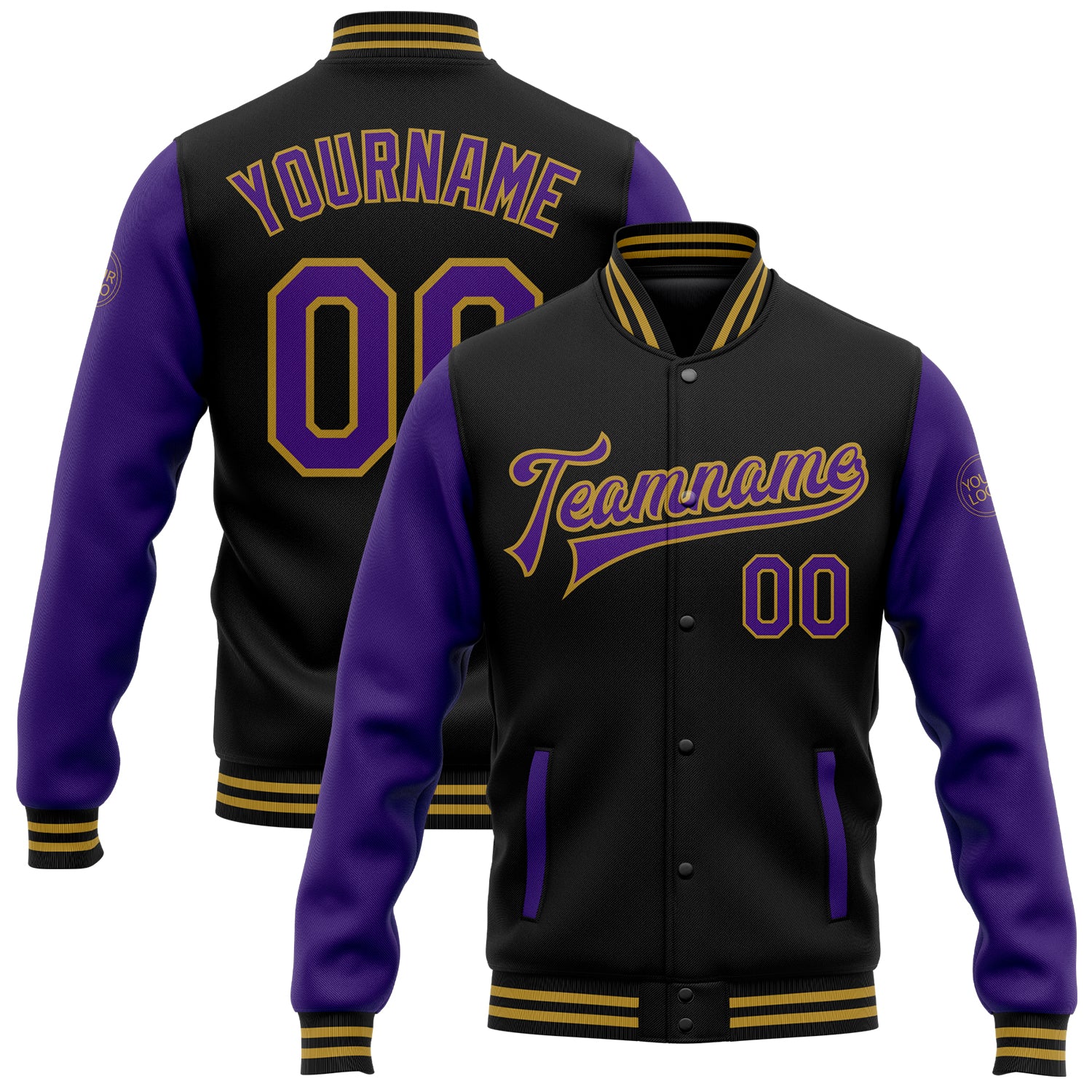 Custom Name Number Two Tone Black Purple Gold Varsity Letterman Bomber Full-Snap Jacket for Team Personalized Black Purple-Old