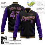 Personalized Varsity Letterman Two Tone Bomber Jacket Black Purple Old Gold Full-Snap Personalized Black Purple-Old Gold