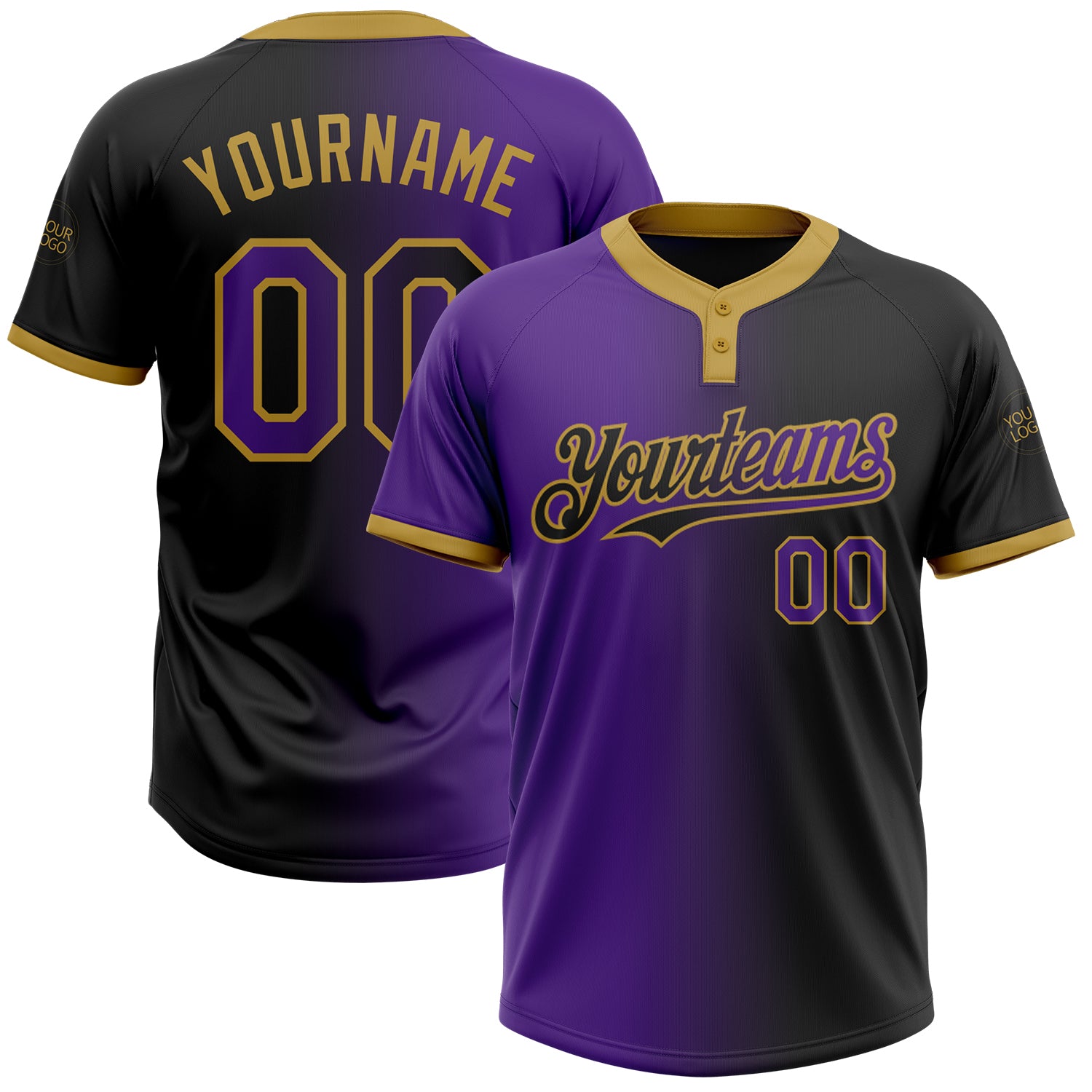 Custom Name Number Unisex Softball Jersey - Personalized Two-Button Black Purple-Gold Gradient Fashion Apparel Personalized