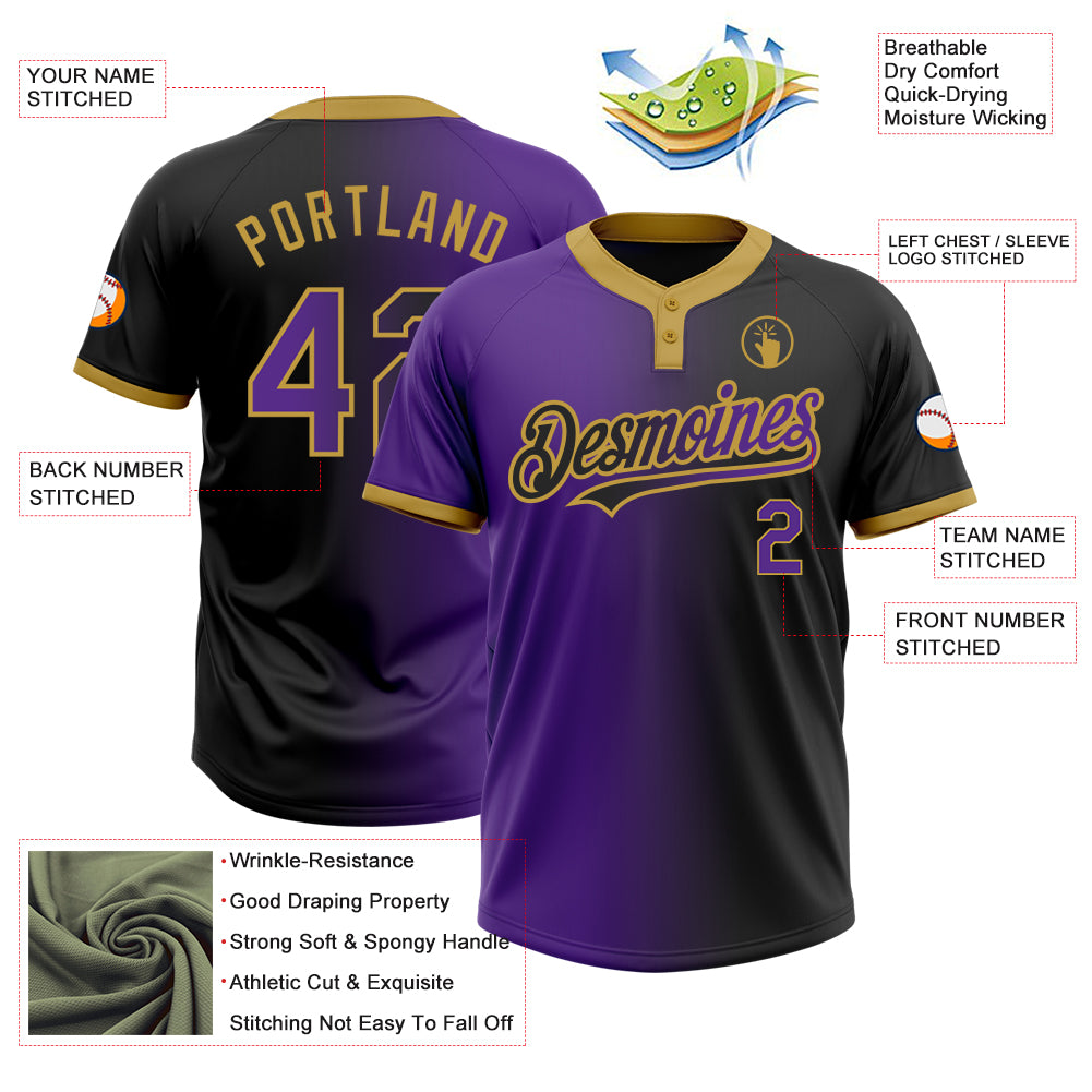 Personalized Black Purple-Old Gold Gradient Fashion Two-Button Unisex Softball Jersey Team Custom Name and Number Custom Name Number Unisex Softball Jersey - Personalized Two-Button Black Purple-Gold Gradient Fashion Apparel Personalized - Image 3