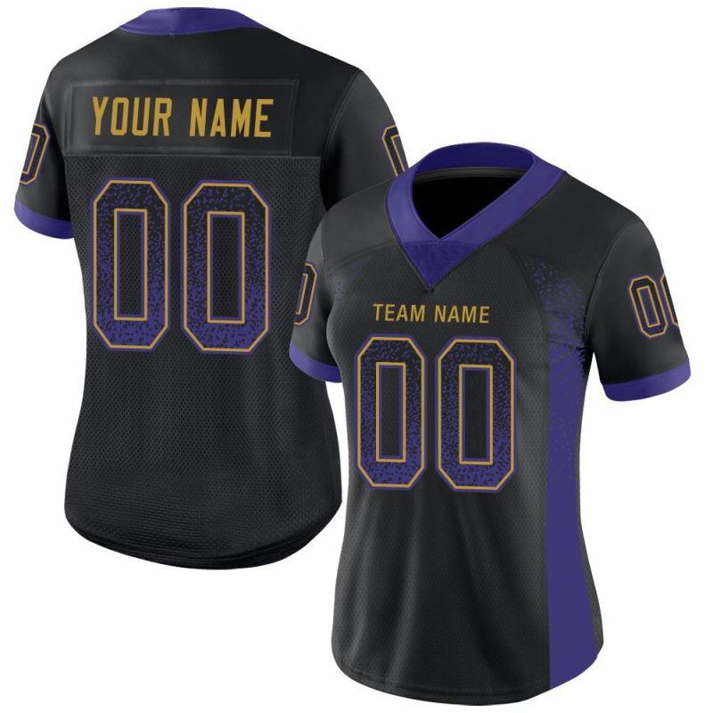 Custom Football Jersey - Personalized Black Purple Gold Mesh Drift, Team Name & Number Personalized Black Purple-Old Gold