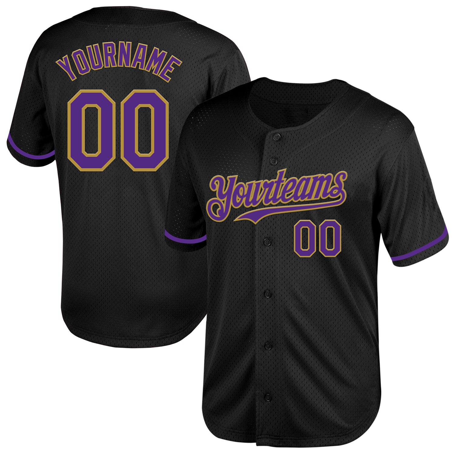 Personalized Black Purple Gold Mesh Throwback Baseball Jersey - Custom Sports Apparel Personalized Black Purple-Old Gold