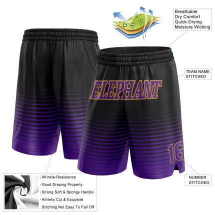 Custom Basketball Shorts with Personalized Name & Number in Black, Purple & Gold Pinstripe Fade - Trendy Athletic Wear Personalized