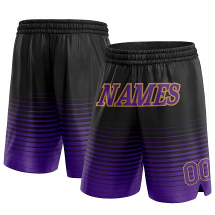 Personalized Basketball Shorts in Black Purple and Gold Pinstripe Fade Design Personalized Black Purple-Old Gold Pinstripe