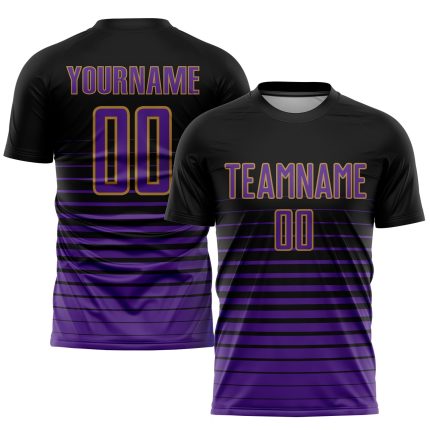 Personalized Soccer Uniform Jersey - Black Purple Old Gold Pinstripe Fade Design Personalized Black Purple-Old Gold Pinstripe
