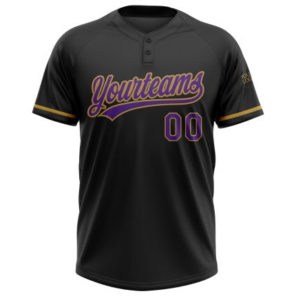 Personalized Unisex Softball Jersey in Black Purple and Old Gold - Two-Button Style Personalized Black Purple-Old Gold Two-Button