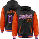 Custom Name Number Two Tone Bomber Hoodie Jacket - Black Purple Orange Varsity Letterman Full-Snap Personalized Black Purple-Orange