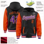 Custom Name Number Two Tone Bomber Hoodie Jacket - Black Purple Orange Varsity Letterman Full-Snap Personalized Black Purple-Orange
