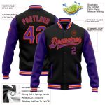 Personalized Black Purple Orange Two Tone Bomber Varsity Letterman Jacket Full-Snap Personalized Black Purple-Orange Bomber