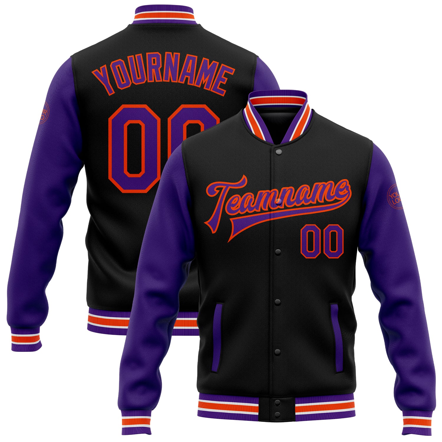 Personalized Two Tone Bomber Jacket Black Purple-Orange Varsity Full-Snap Letterman Personalized Black Purple-Orange Bomber