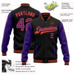 Personalized Two Tone Bomber Jacket Black Purple Orange Full-Snap Varsity Letterman Personalized Black Purple-Orange Bomber