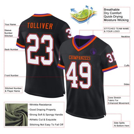 Custom Name and Number Personalized Black Purple Orange Mesh Football Jersey Authentic Throwback Jersey Personalized Black