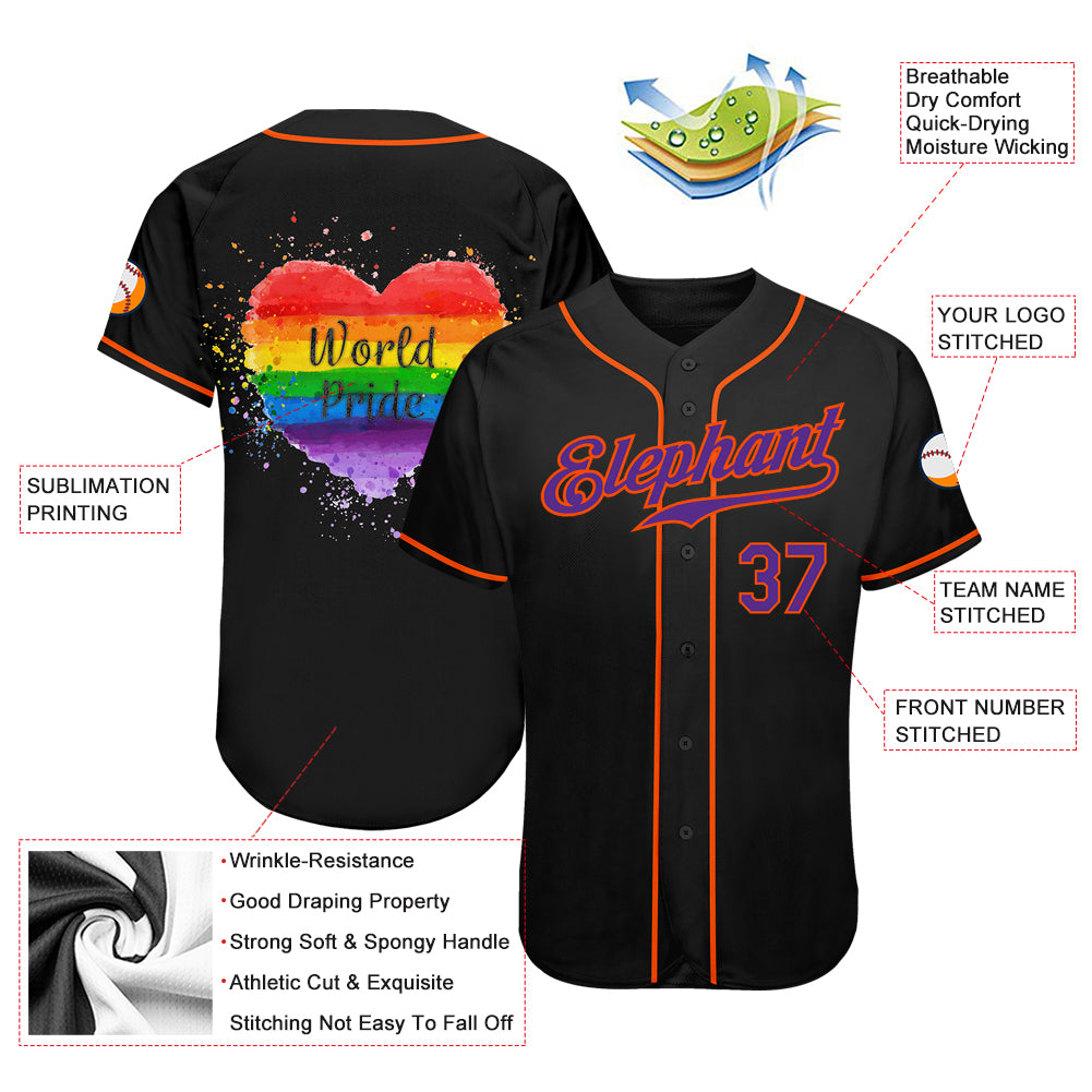 Personalized Rainbow Heart Baseball Jersey for World Pride LGBT - Black Purple Orange Colors Personalized Black Purple-Orange - Image 4