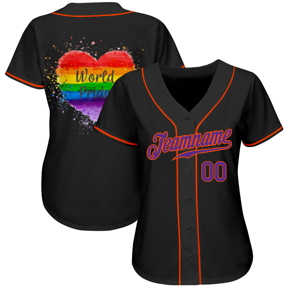 Personalized Rainbow Heart Baseball Jersey for World Pride LGBT - Black Purple Orange Colors Personalized Black Purple-Orange - Image 3