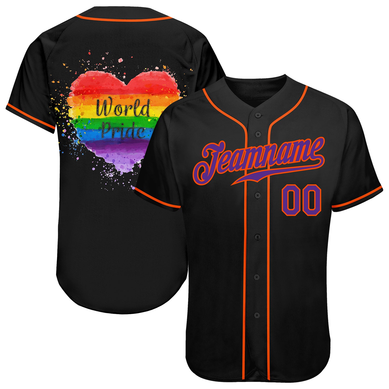 Personalized Rainbow Heart Baseball Jersey for World Pride LGBT - Black Purple Orange Colors Personalized Black Purple-Orange