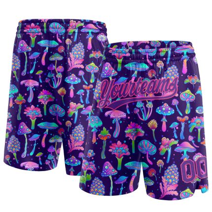 Psychedelic Basketball Shorts with 3D Colorful Flowers and Mushrooms, Personalized Black Purple-Pink Design Personalized
