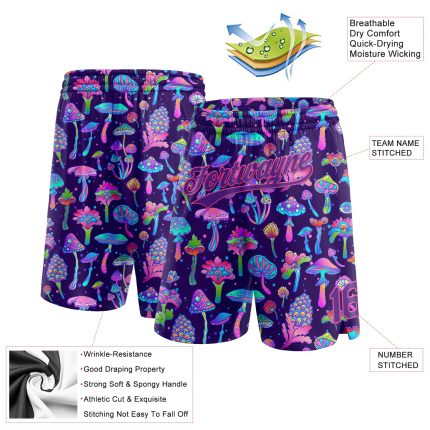 Psychedelic Basketball Shorts with 3D Colorful Flowers and Mushrooms, Personalized Black Purple-Pink Design Personalized