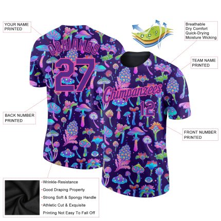 3D Psychedelic Colorful Flowers Mushrooms Personalized T-Shirt - Black Purple Pink Performance Tee Personalized Black Purple-Pink