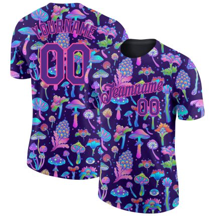 3D Psychedelic Colorful Flowers Mushrooms Personalized T-Shirt - Black Purple Pink Performance Tee Personalized Black Purple-Pink