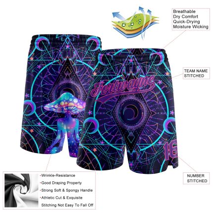Personalized Psychedelic 3D Magic Mushrooms Black Purple Pink Basketball Shorts Over Sacred Geometry Design Personalized