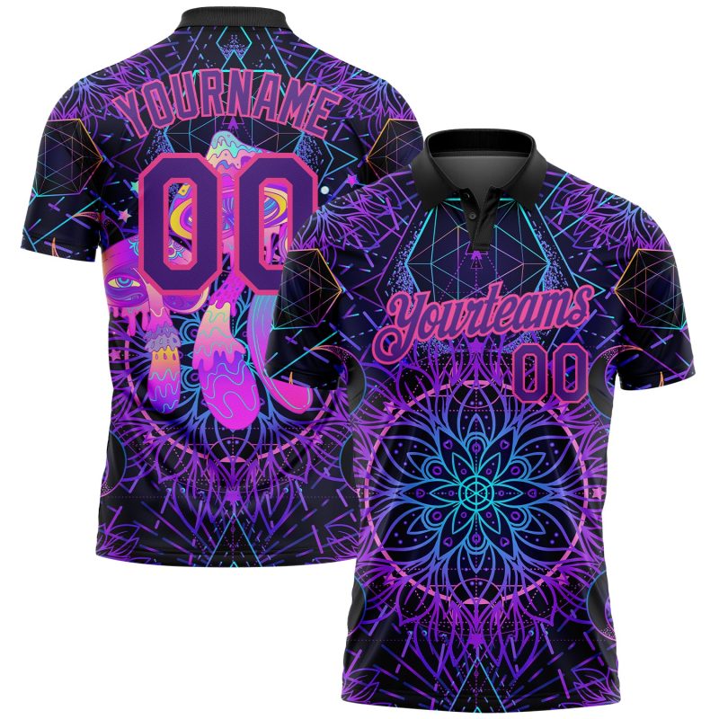 Personalized Psychedelic 3D Magic Mushrooms Golf Polo Shirt - Black, Purple, Pink Over Sacred Geometry Design Personalized