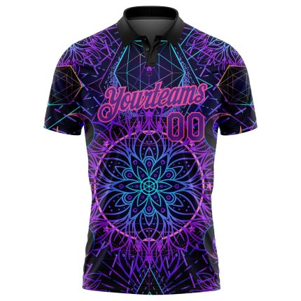 Personalized Psychedelic 3D Magic Mushrooms Golf Polo Shirt - Black, Purple, Pink Over Sacred Geometry Design Personalized