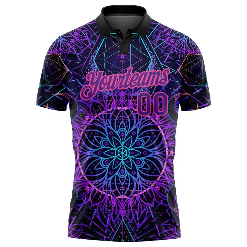 Personalized Psychedelic 3D Magic Mushrooms Golf Polo Shirt - Black, Purple, Pink Over Sacred Geometry Design Personalized