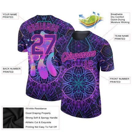Personalized Psychedelic 3D Magic Mushrooms Black Purple-Pink T-Shirt Over Sacred Geometry Hallucination Performance Personalized