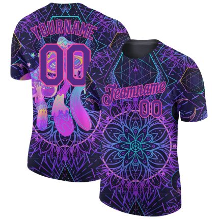 Personalized Psychedelic 3D Magic Mushrooms Black Purple-Pink T-Shirt Over Sacred Geometry Hallucination Performance Personalized