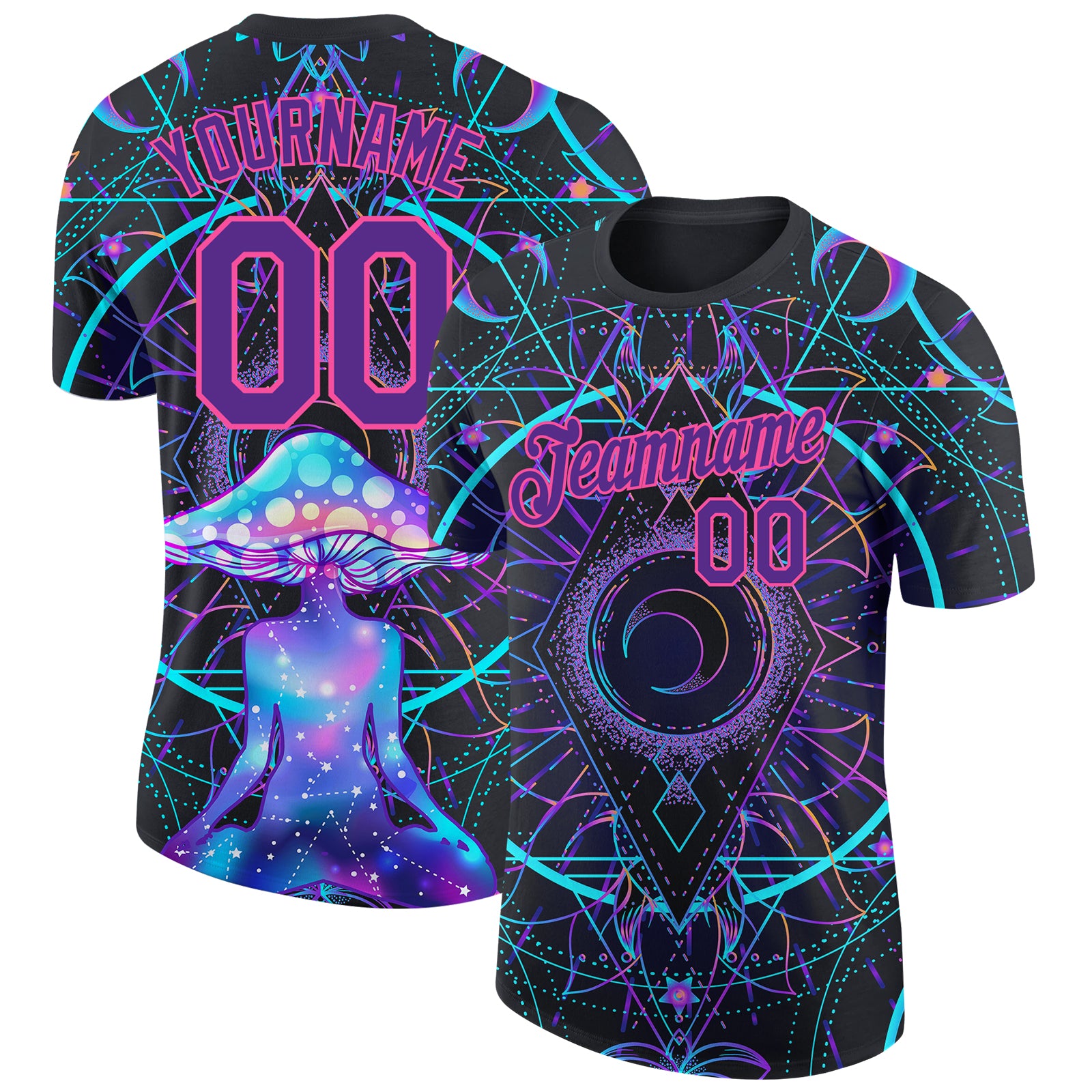 Personalized 3D Magic Mushrooms T-Shirt, Black Purple-Pink Psychedelic Design Over Sacred Geometry Personalized Black Purple-Pink